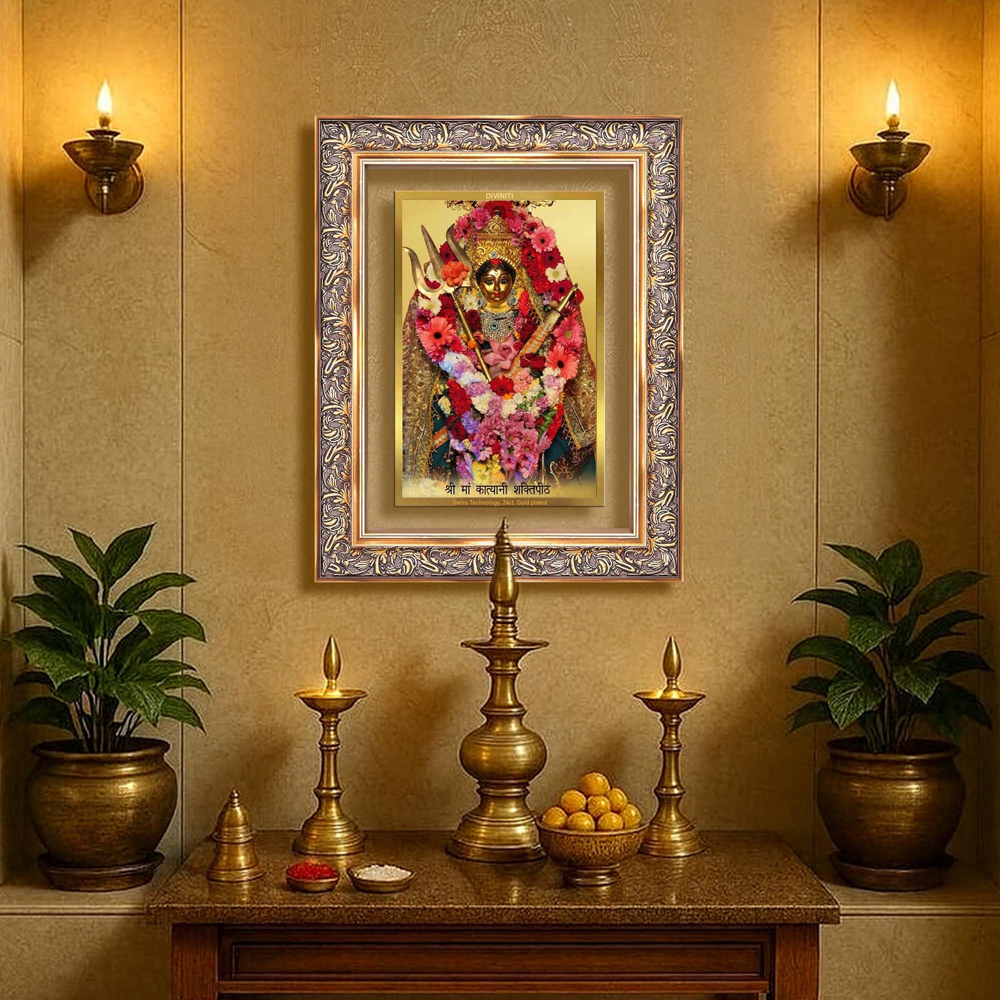 Diviniti 24K Gold Plated Katyayani Mata (Classic) Divine Wall Frame for Home Mandir & Office Decor | Luxury Spiritual Gift