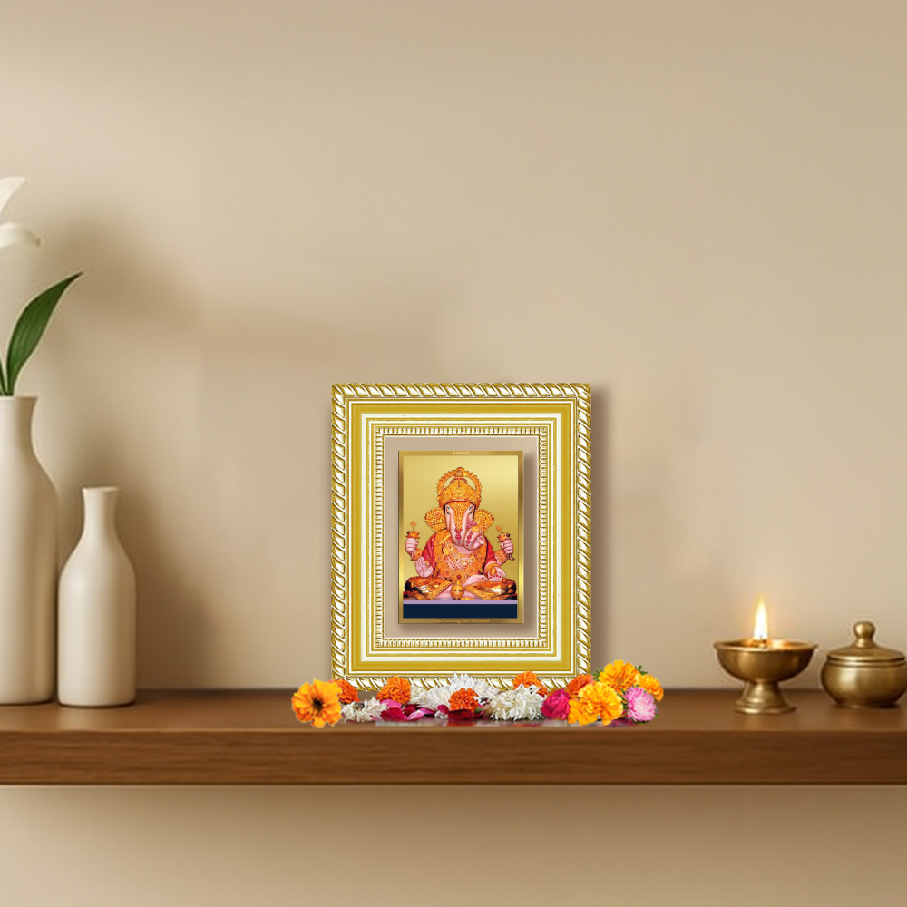 Diviniti 24K Gold Plated Dagadu Ganesha Divine Table Top Frame for Home Mandir & Office Decor | Luxury Spiritual Gift