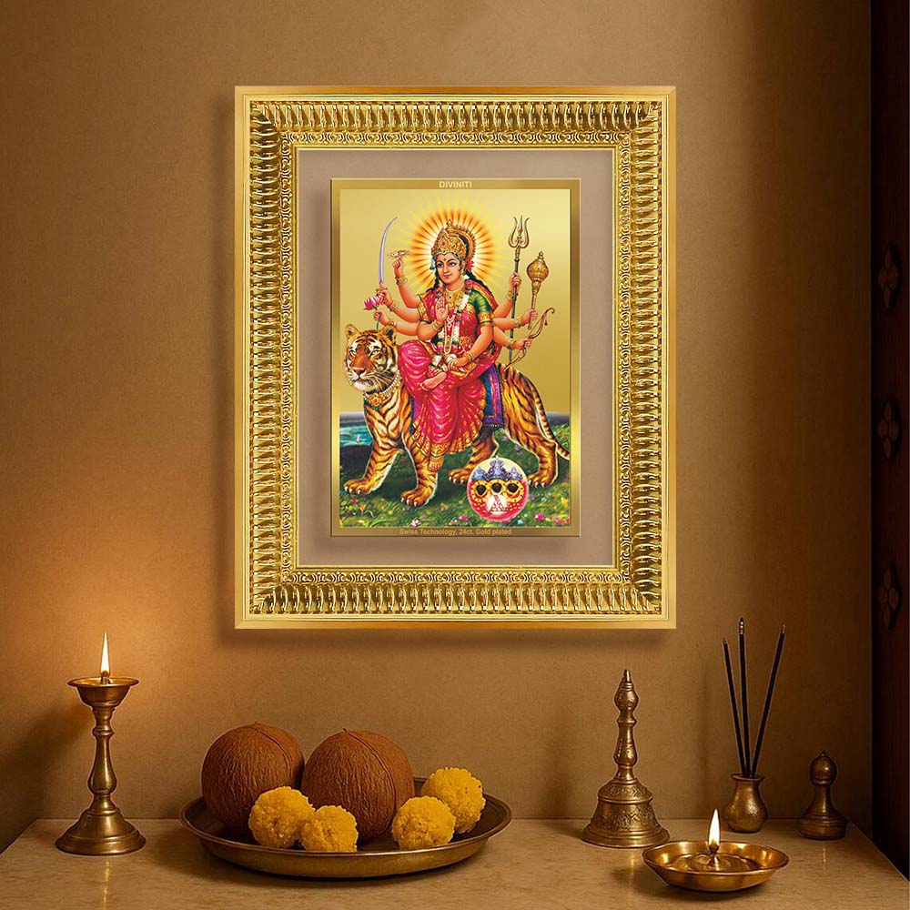 Diviniti 24K Gold Plated Durga - Sherawali Mata With Pind (Classic) Divine Wall Frame for Home Mandir & Office Decor | Luxury Spiritual Gift