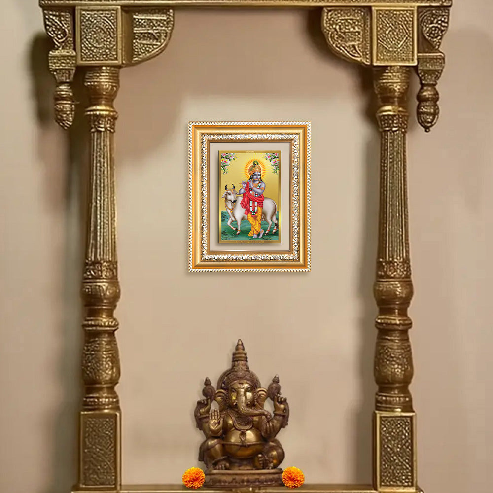Diviniti 24K Gold Plated Krishna With Surbhi Cow (Classic) Divine Wall and Table Top Frame for Home Mandir & Office Decor | Luxury Spiritual Gift