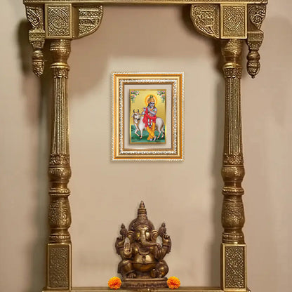 Diviniti 24K Gold Plated Krishna With Surbhi Cow (Classic) Divine Wall and Table Top Frame for Home Mandir & Office Decor | Luxury Spiritual Gift