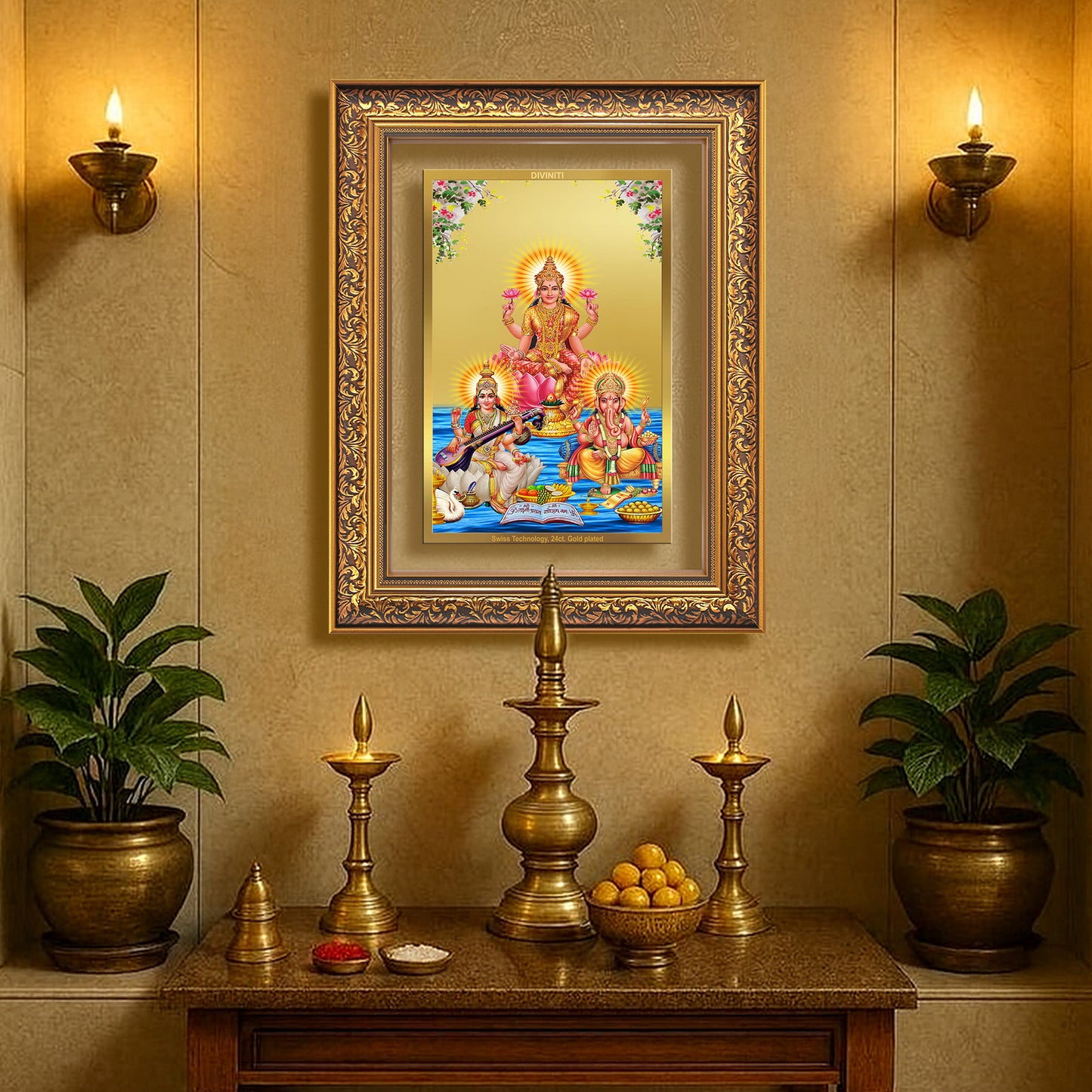 Goddess Lakshmi, Saraswati & Lord Ganesha | Divine Trio Wall Mount Photo Frame in 24K Gold Plated Foil