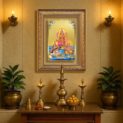 Goddess Lakshmi, Saraswati & Lord Ganesha | Divine Trio Wall Mount Photo Frame in 24K Gold Plated Foil