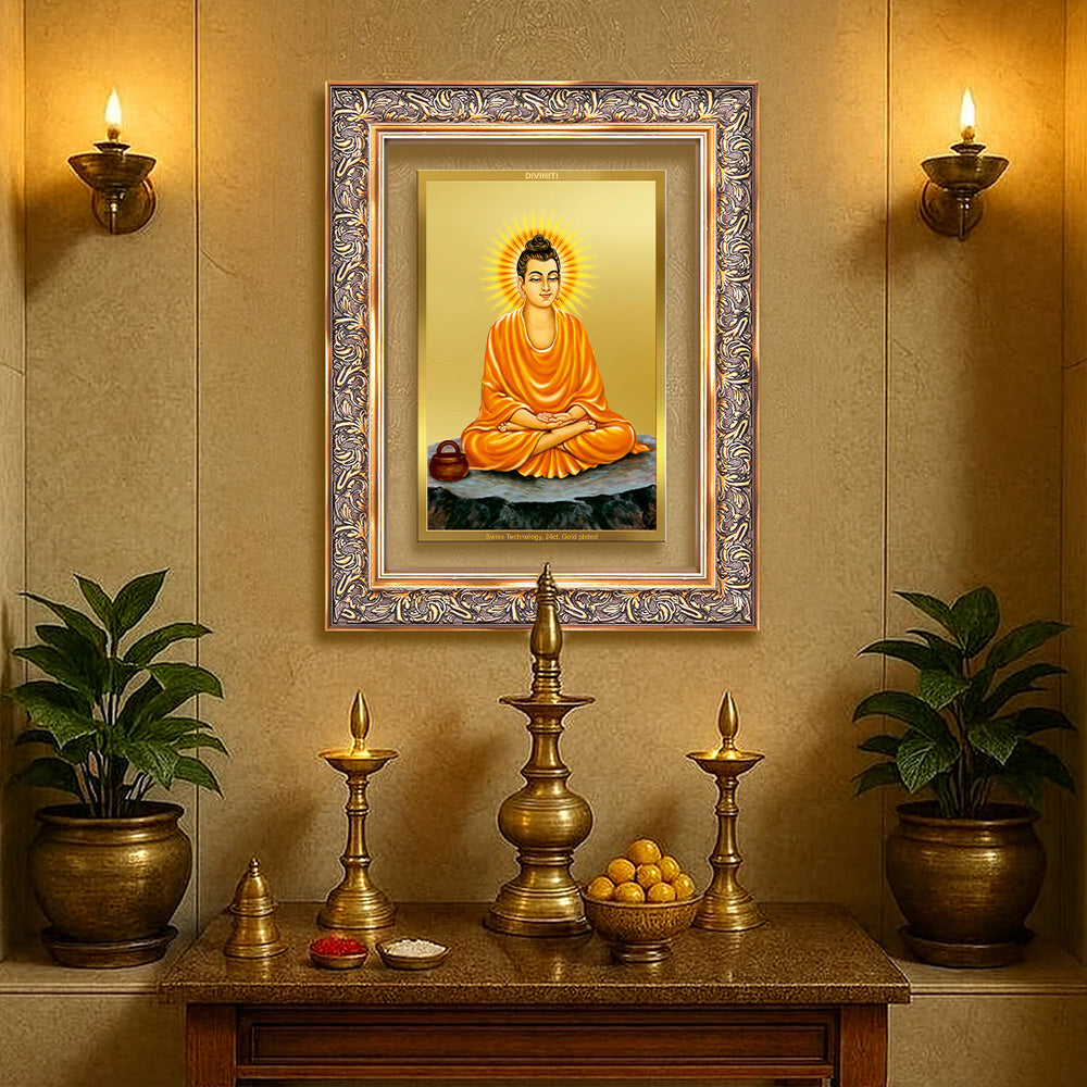 Diviniti 24K Gold Plated Buddha (Classic) Divine Wall Frame for Home Mandir & Office Decor | Luxury Spiritual Gift