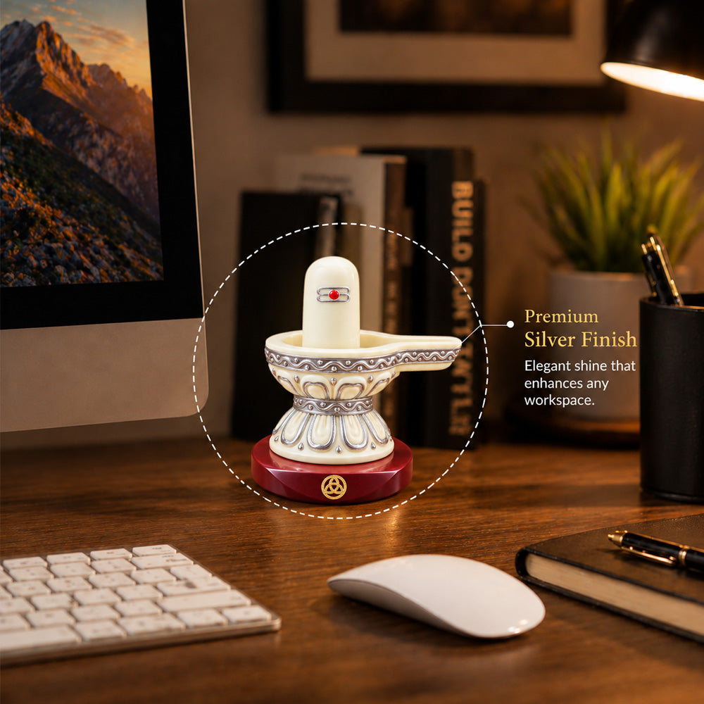 999 Silver-Plated Shivling Resin Idol for Car Dashboard & Home Decor | Premium Gift Box | 8x8 CM