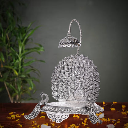 Pure Silver Singhasan Mandir Vintage Peocock Design Divine Pooja Stand Handcrafted Temple Art (24x8x26 cm,578g)