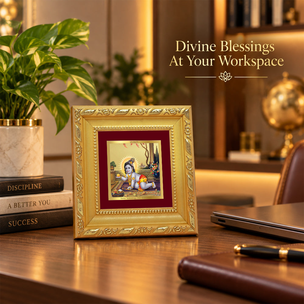24K Gold-Plated Bal Krishna Laddu Gopal Frame | Premium Gift Box | 10x10 CM