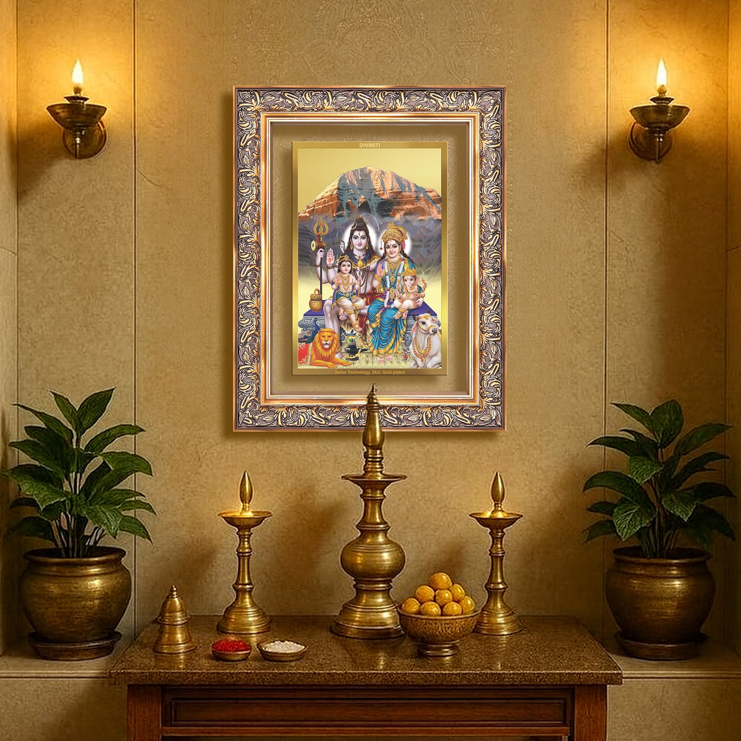 Diviniti 24K Gold Plated Shiv Parivar (Classic) Divine Wall Frame for Home Mandir & Office Decor | Luxury Spiritual Gift
