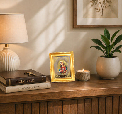 Mother Mary Divine Compassion & Grace Sacred Christian Royal Tabletop Frame in 24K Gold Plated Foil