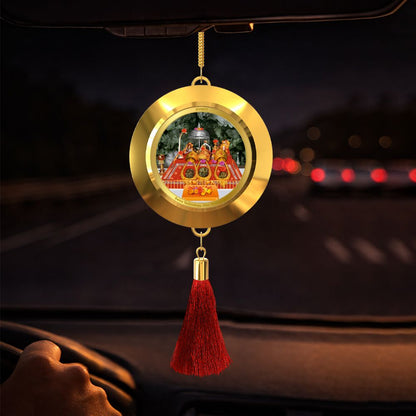 Diviniti 24K Gold Plated Double-Sided Durga & Mata Ka Darbar Car Dangler (5.5 cm) | Divine Hanging Car Decor for Protection, Positive Energy & Spiritual Blessings