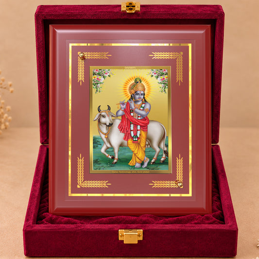 24K Gold-Plated Lord Krishna with Surbhi Cow MDF Frame | Premium Gift Box | 13.5x16 CM