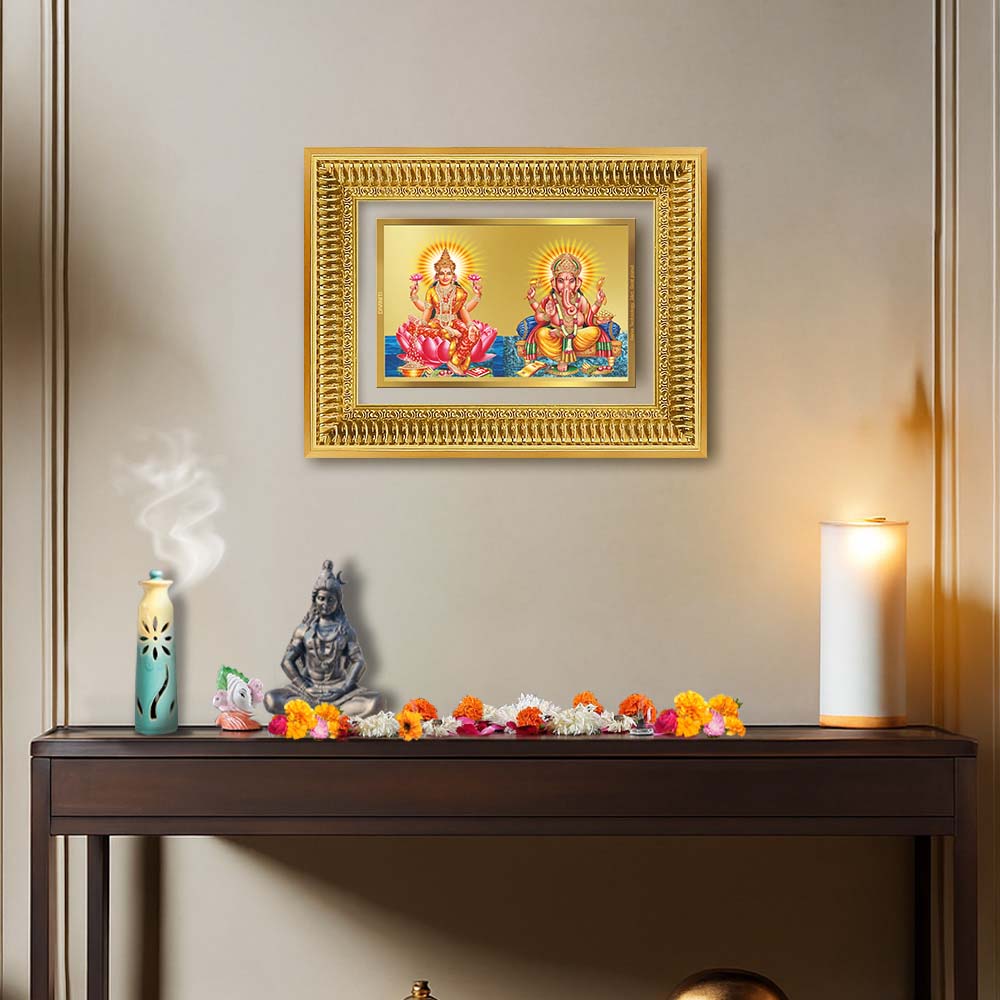 Diviniti 24K Gold Plated Lakshmi Ganesha (Classic) Divine Wall Frame for Home Mandir & Office Decor | Luxury Spiritual Gift
