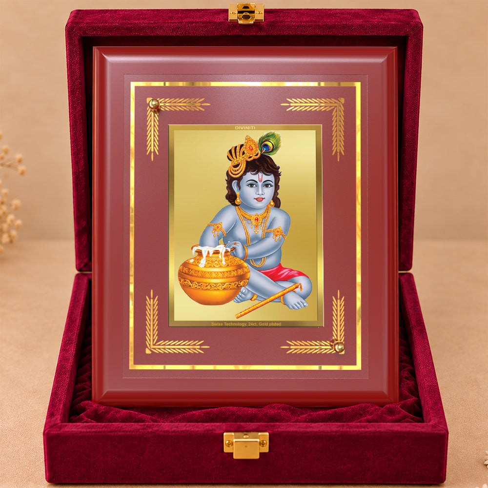 24K Gold-Plated Krishna Bal Gopal MDF Frame | Premium Gift Box | 13.5x10 CM