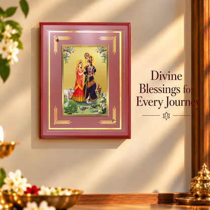 24K Gold-Plated Radha Krishna with Cow MDF Frame | Premium Gift Box | 26x20 CM