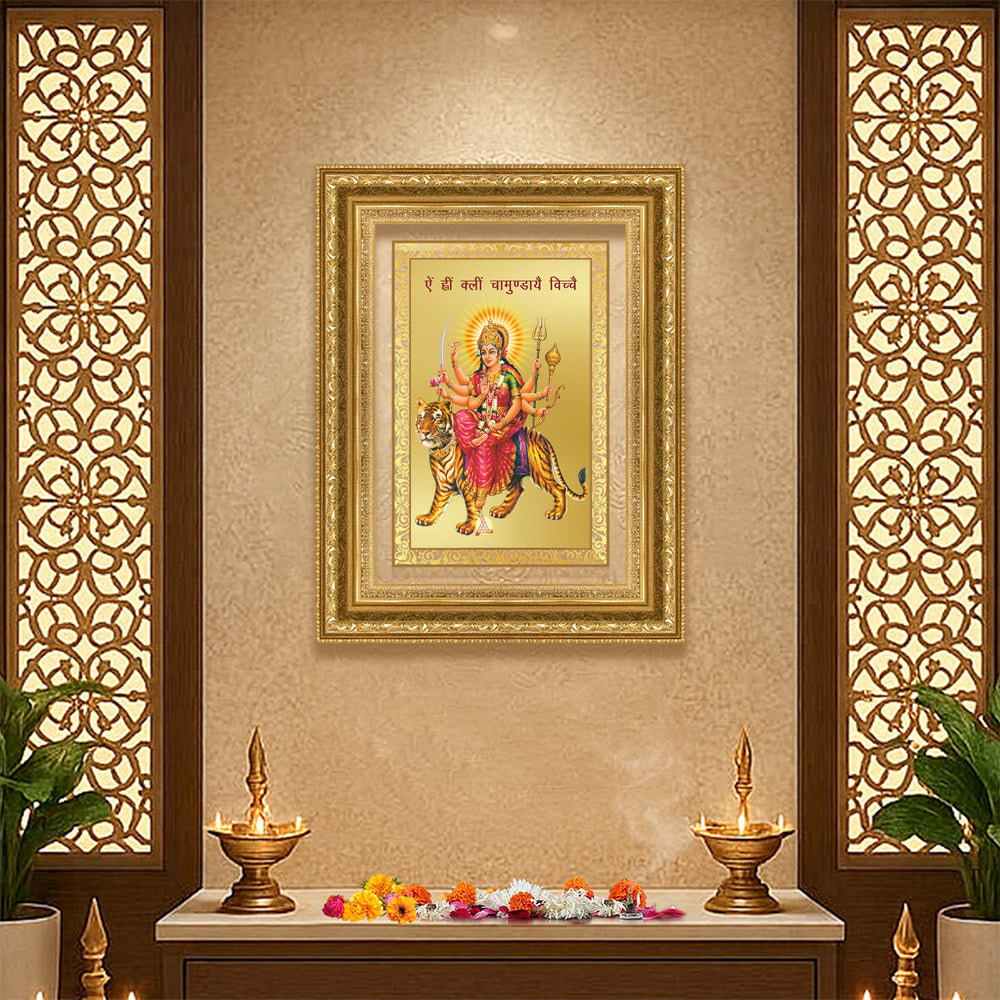 Diviniti 24K Gold Plated Durga With Mantra (Classic) Divine Wall Frame for Home Mandir & Office Decor | Luxury Spiritual Gift