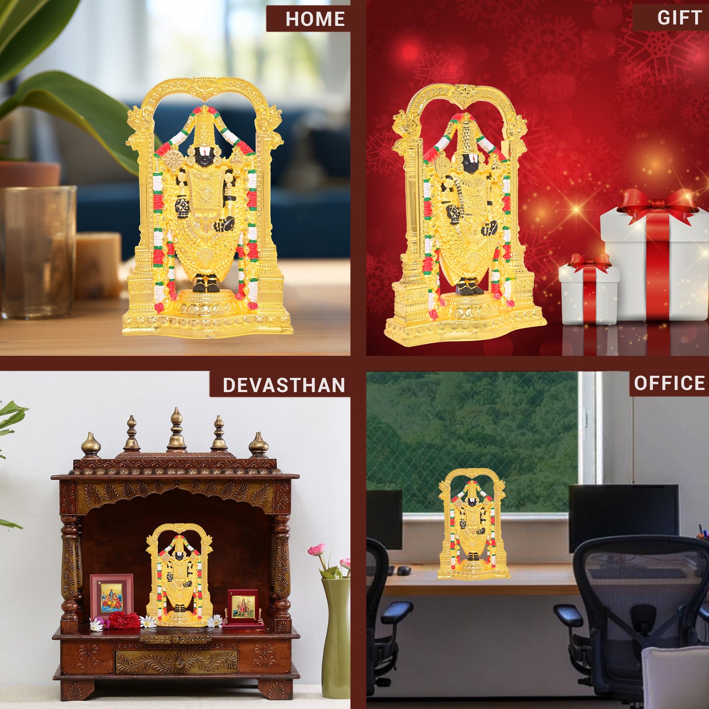 DIVINITI 24K Gold Plated Lord Tirupati Balaji Idol Statue Exquisite Divine Statue for Car Dashboard, Home Office Décor Tabletop, Pooja Room & Gift (21x14 CM)