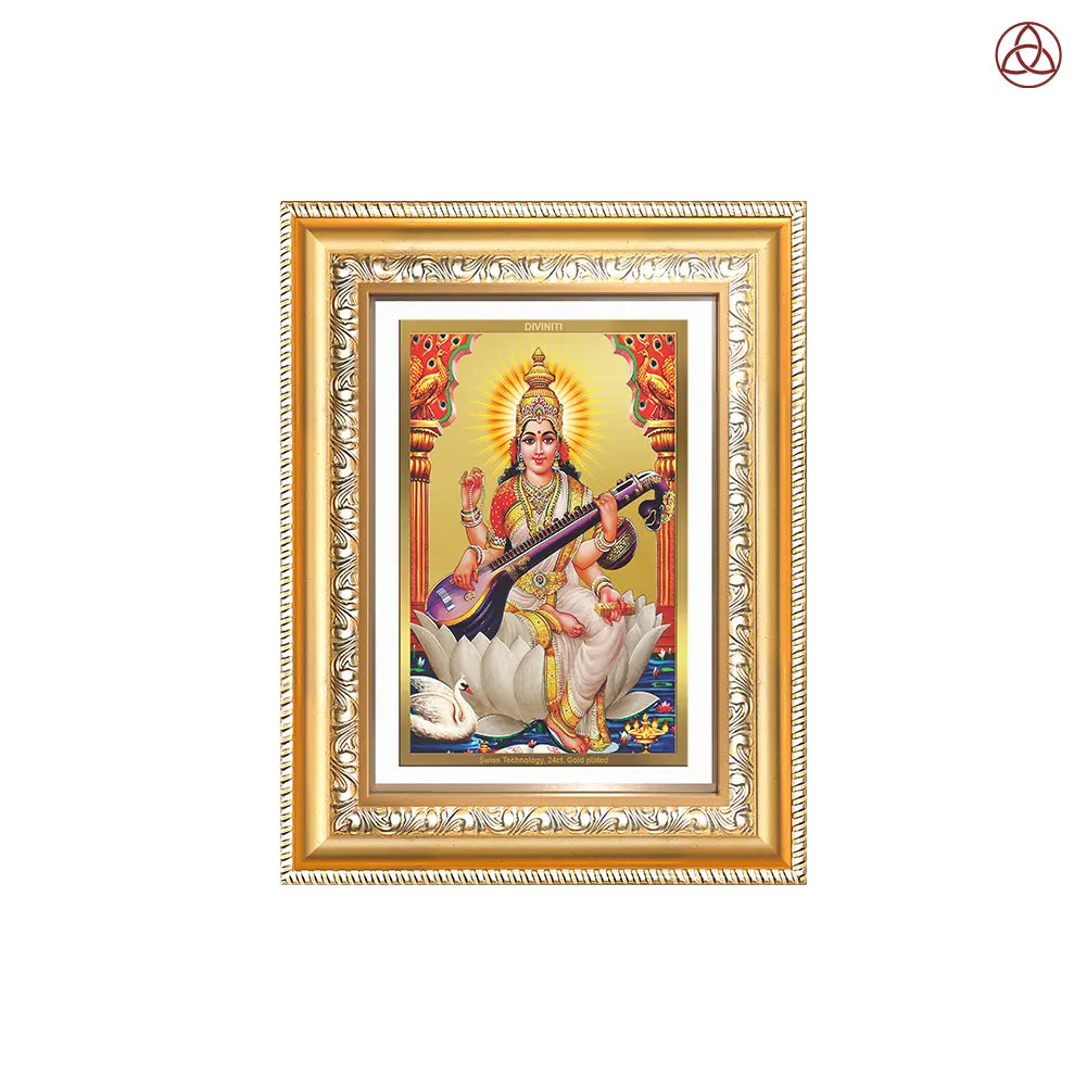 Goddess Saraswati | Divine Mother of Wisdom & Arts Wall & Tabletop Photo Frame in 24K Gold Plated Foil