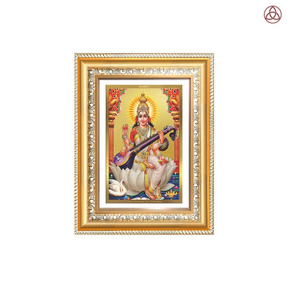 Goddess Saraswati | Divine Mother of Wisdom & Arts Wall & Tabletop Photo Frame in 24K Gold Plated Foil