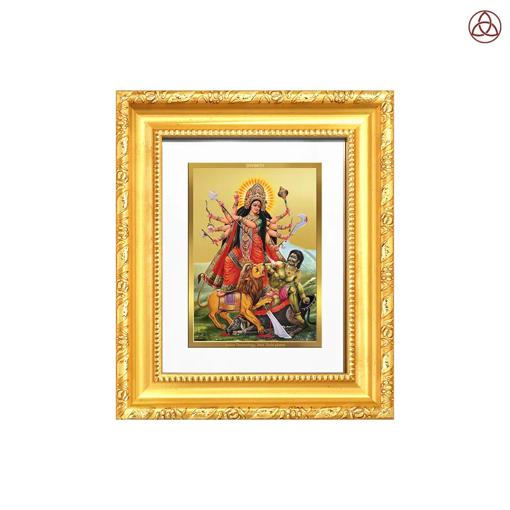 Durga Mahishasura Mardini | Goddess Durga Slaying Mahishasura Wall Hanging & Tabletop Frame in 24K Gold Plated Foil