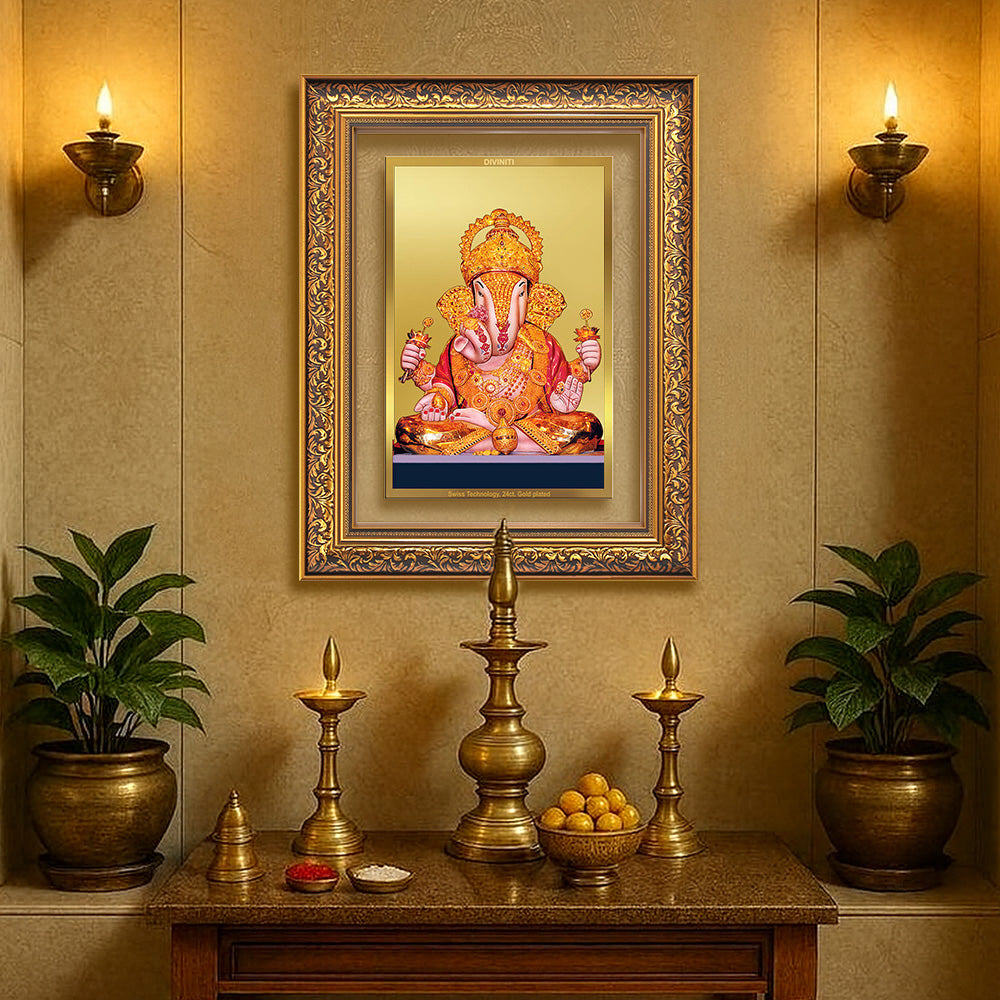Diviniti 24K Gold Plated Dagadu Ganesha (Classic) Divine Wall Frame for Home Mandir & Office Decor | Luxury Spiritual Gift