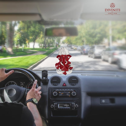 Diviniti 999 Silver Plated Resin Lord Ganesha Idol for Car Dashboard Tabletop for Home Decor Mandir Puja Gift Red (8.4x4.2cm)