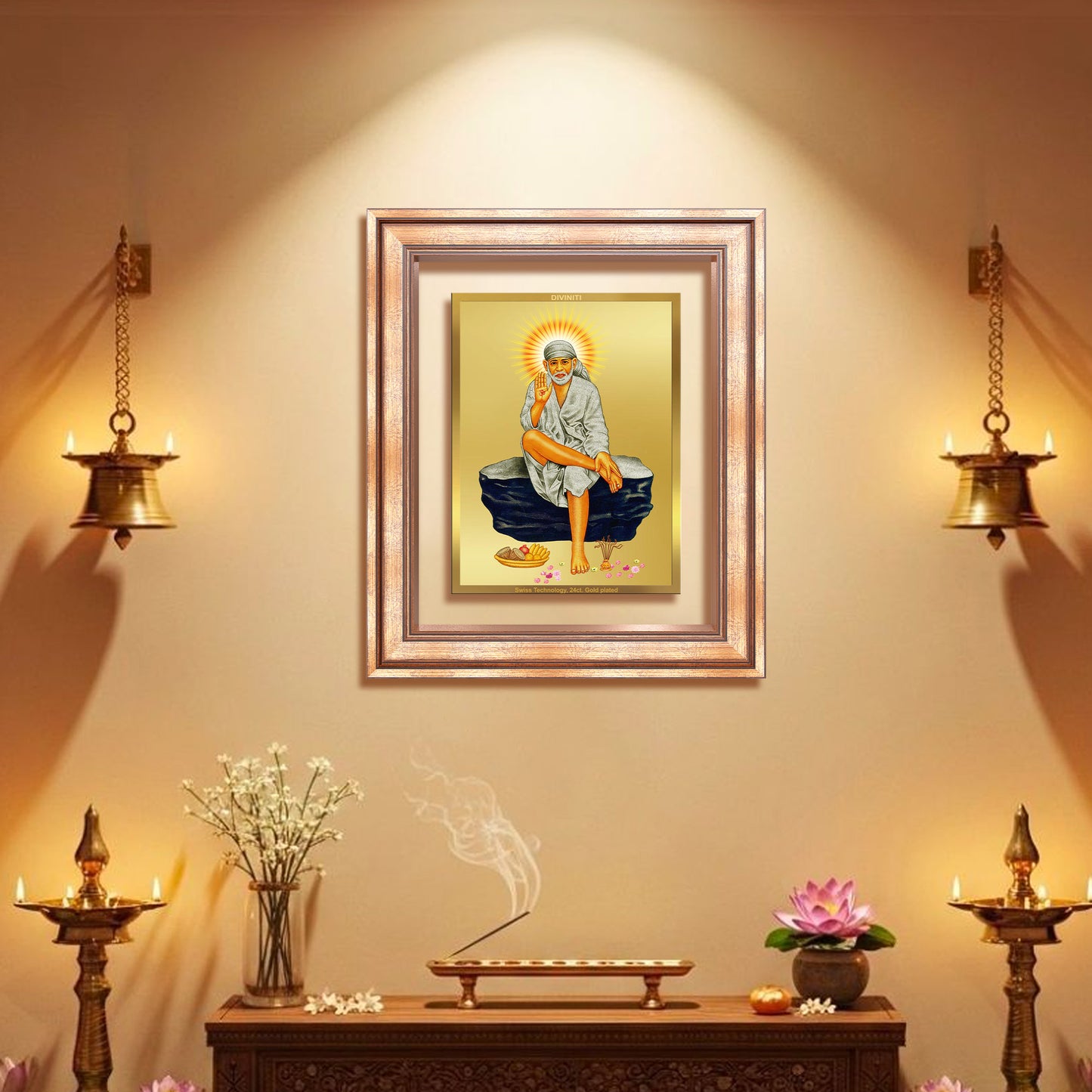 Diviniti 24K Gold Plated Sai Baba (Classic) Divine Wall Frame for Home Mandir & Office Decor | Luxury Spiritual Gift