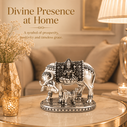 999 Silver-Plated Antique Kamdhenu Cow Idol | Premium Gift Box | 11x9 CM
