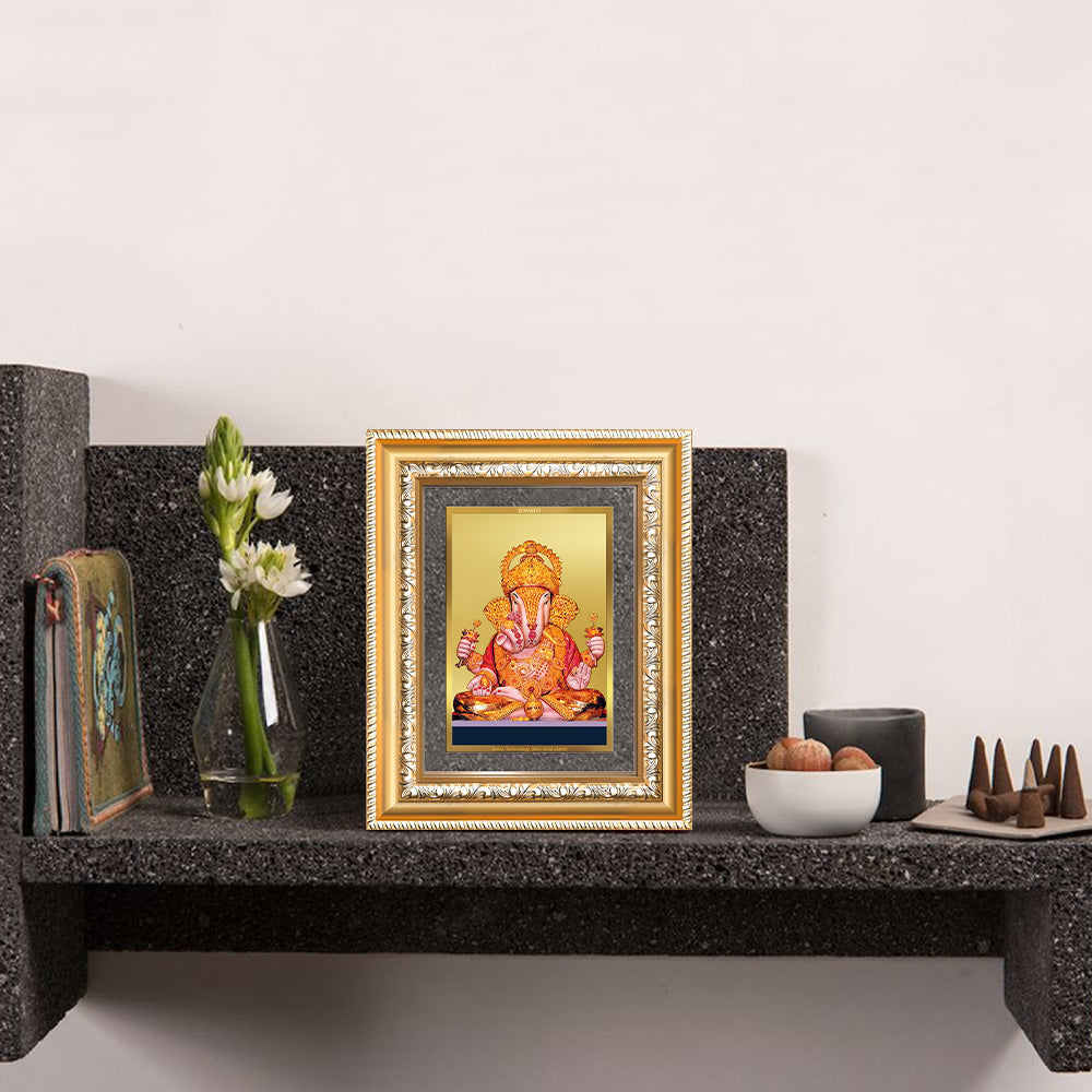 Diviniti 24K Gold Plated Dagadu Ganesha (Classic) Divine Wall and Table Top Frame for Home Mandir & Office Decor | Luxury Spiritual Gift
