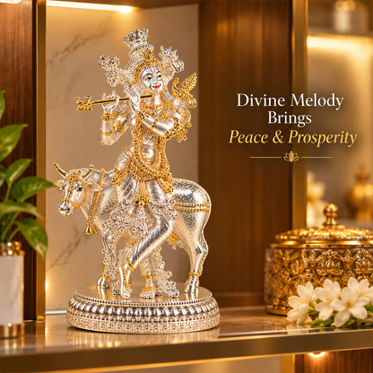 999 Silver-Plated Dual-Tone Lord Krishna with Cow Idol | Premium Gift Box | 26x15 CM