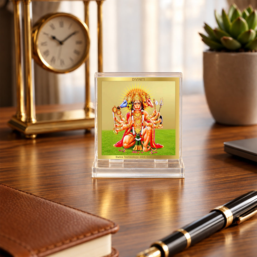 24K Gold-Plated Panchmukhi Hanuman Acrylic Car Dashboard Frame | 6x5 CM