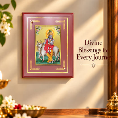 24K Gold-Plated Krishna with Cow MDF Frame | Premium Gift Box | 26x20 CM