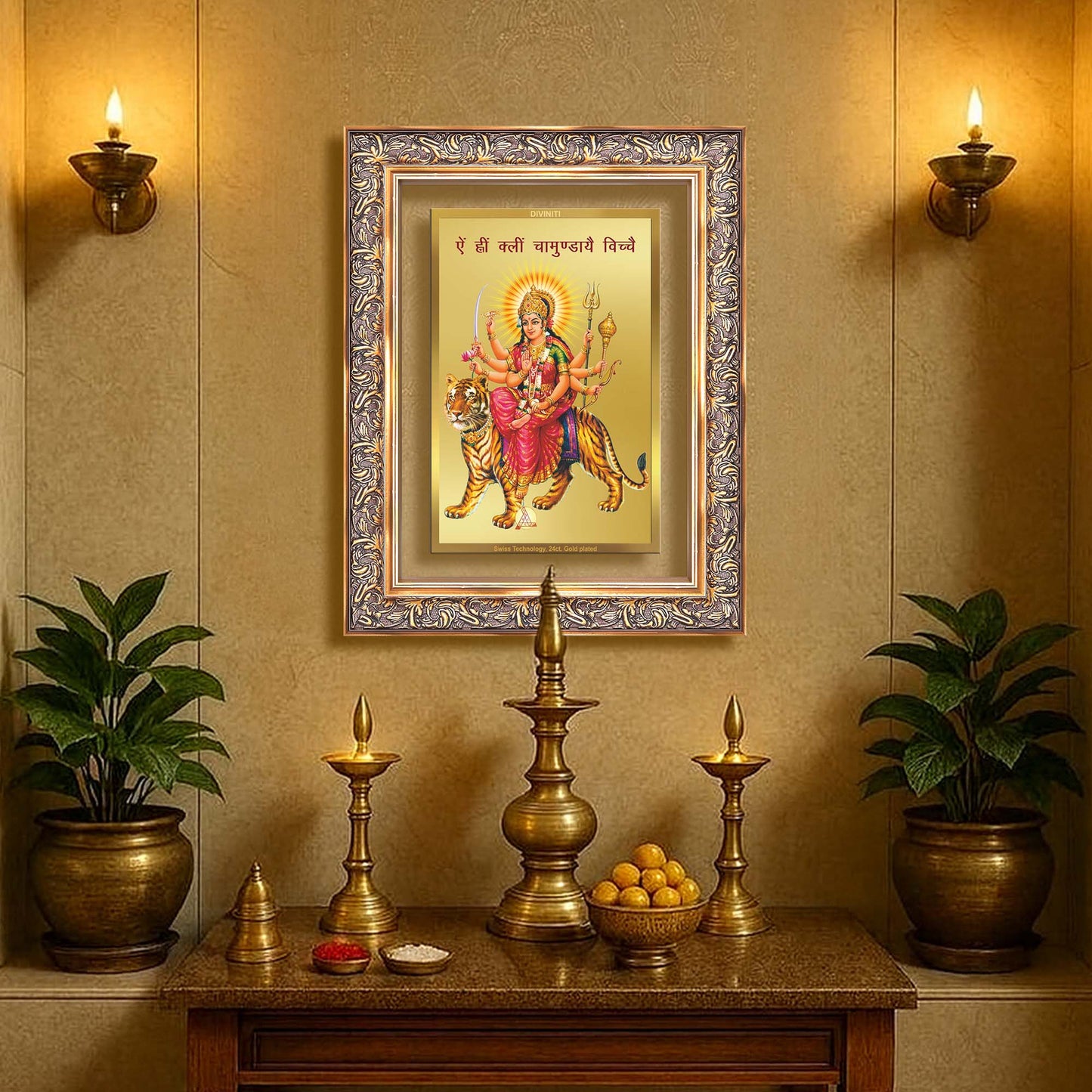 Diviniti 24K Gold Plated Durga With Mantra (Classic) Divine Wall Frame for Home Mandir & Office Decor | Luxury Spiritual Gift