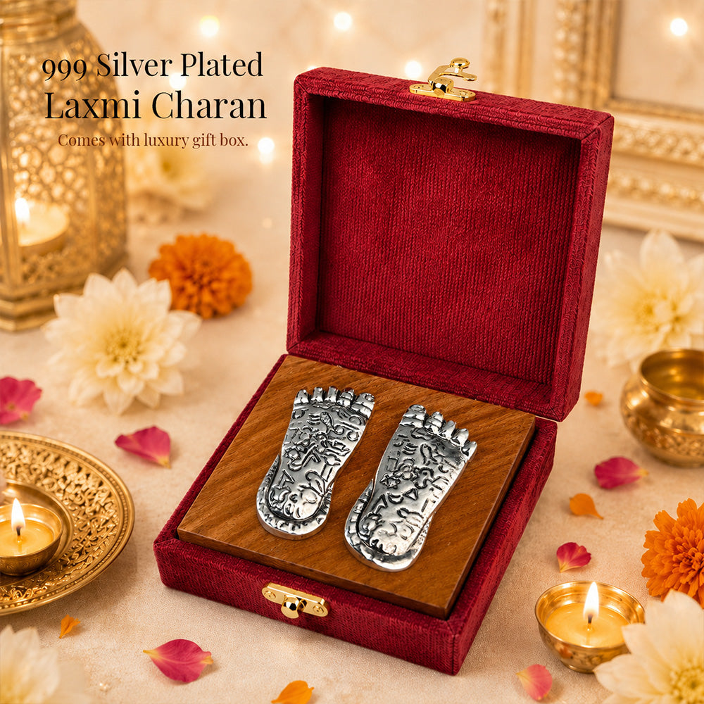 Diviniti 999 Silver Plated Laxmi Charan Paduka with Gift Box | Antique Decor