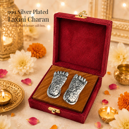 Diviniti 999 Silver Plated Laxmi Charan Paduka with Gift Box | Antique Decor
