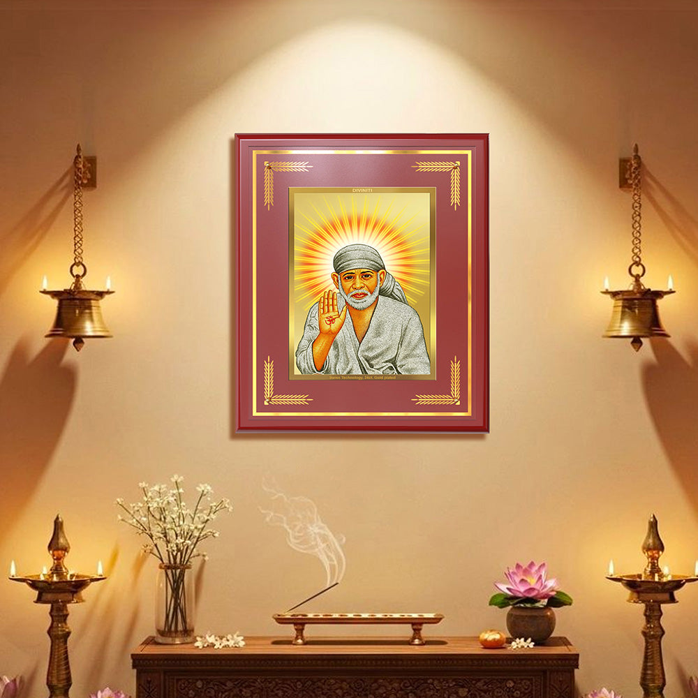 Shirdi Sai Baba Blessing Pose Wall Photo Frame in 24K Gold Plated Foil | Faith, Protection & Divine Grace