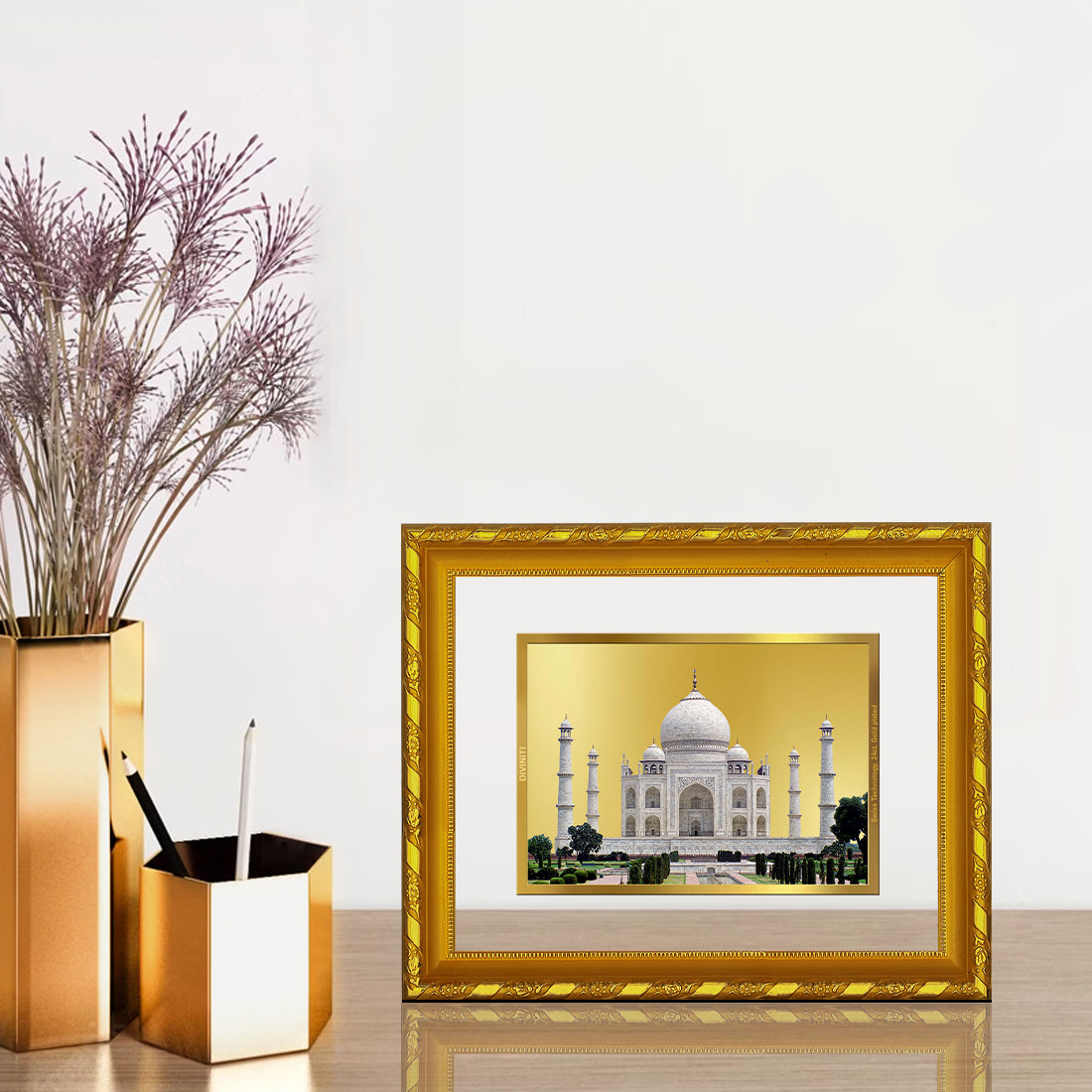 DIVINITI 24K Gold Plated Foil Taj Mahal Photo Frame for Home & Office Decor, Wall Hanging, Workshop, Table Top, Gift|DG103 Size 2 (22.6x18.4 CM)