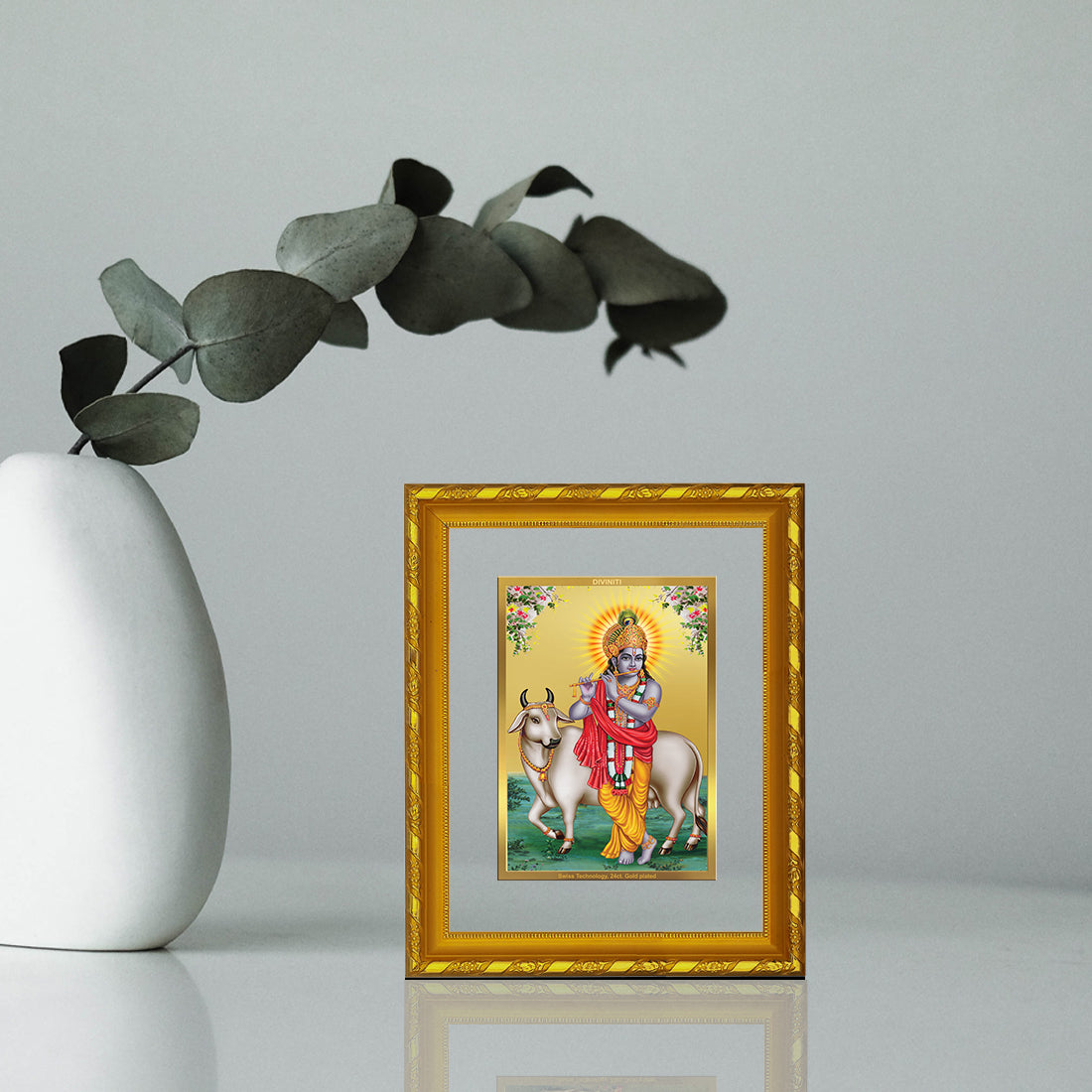 DIVINITI 24K Gold Plated Foil Lord Krishna Photo Frame Idol for Home & Office Decor, Wall Hanging, Workshop, Table Top, Gift|DG103 Size 2 (22.6x18.4 CM)
