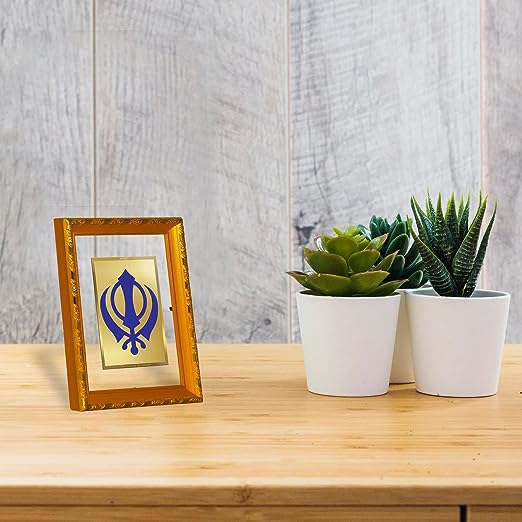 DIVINITI 24K Gold Plated Khanda Sahib Photo Frame for Puja Room, Home Wall Decor, Workshop, Table Top, Premium Gift|DG103 Size 2 (22.6x18.4 CM)