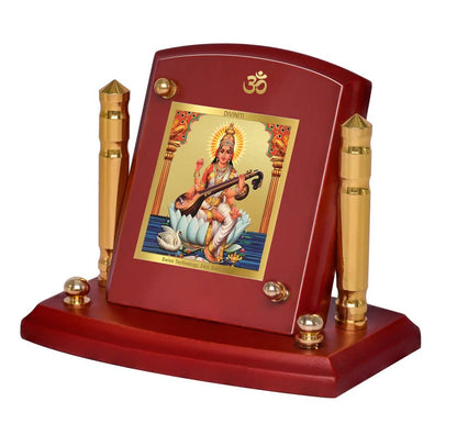 Diviniti 24K Gold Plated Saraswati Mata Photo Frame for Car Dashboard, Home Decor, Tabletop, Puja Room, Showpiece and Gift  MDF1BP+ (6.5x5.5 CM)