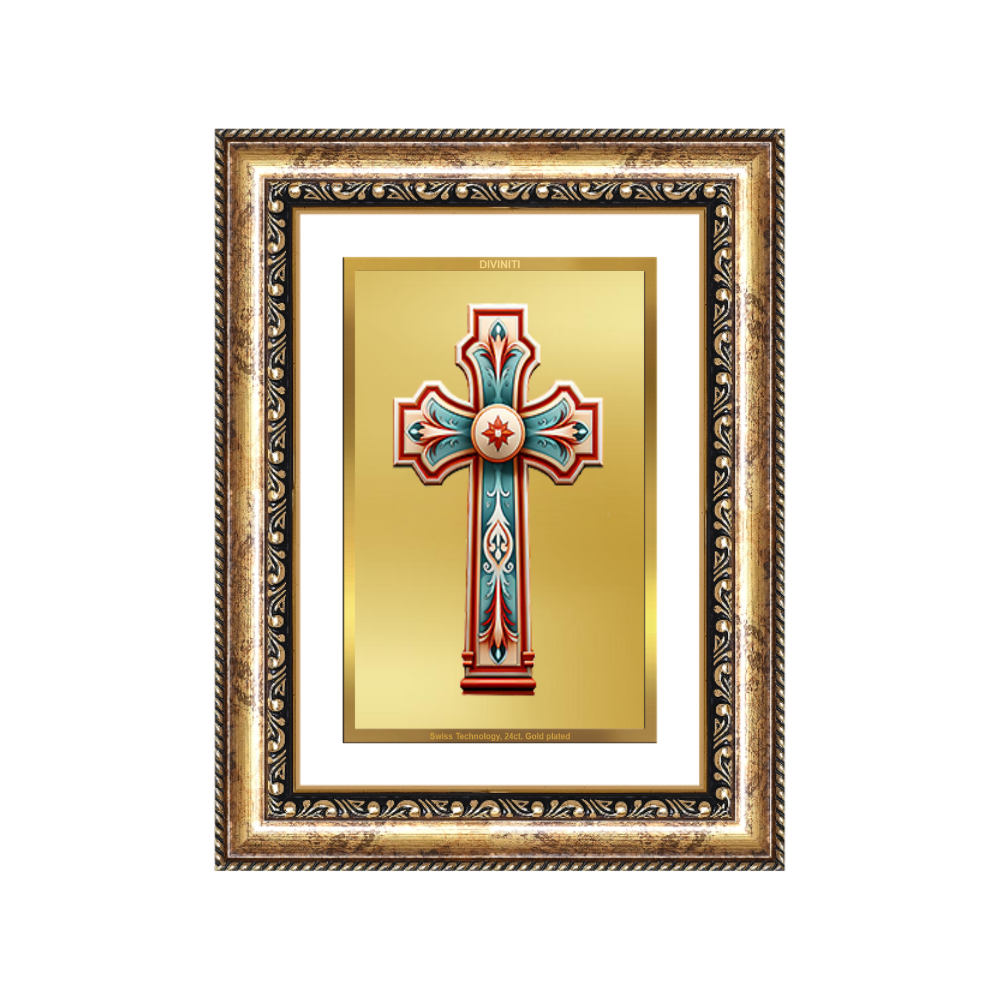 Diviniti 24K Gold Plated Holy Cross (Classic) Divine Wall Frame for Home Mandir & Office Decor | Luxury Spiritual Gift