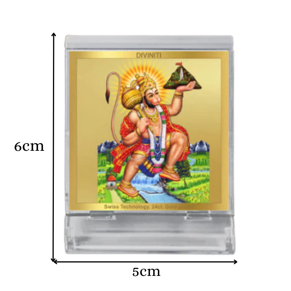 Hanuman Carrying Sanjeevani | Divine Lord Hanuman Car Dashboard & Tabletop Photo Frame in 24K Gold Plated Foil