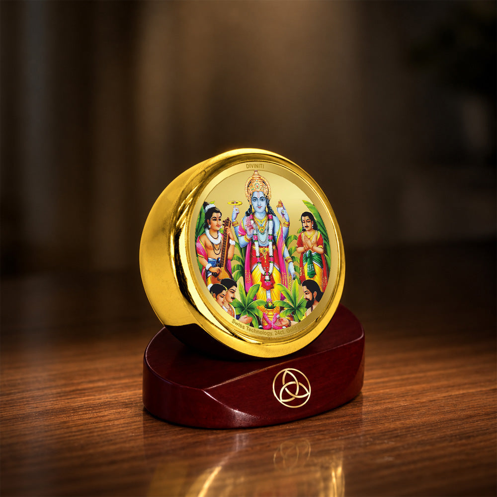 24K Gold-Plated Lord Satya Narayana Car Dashboard Frame | 5x5 CM