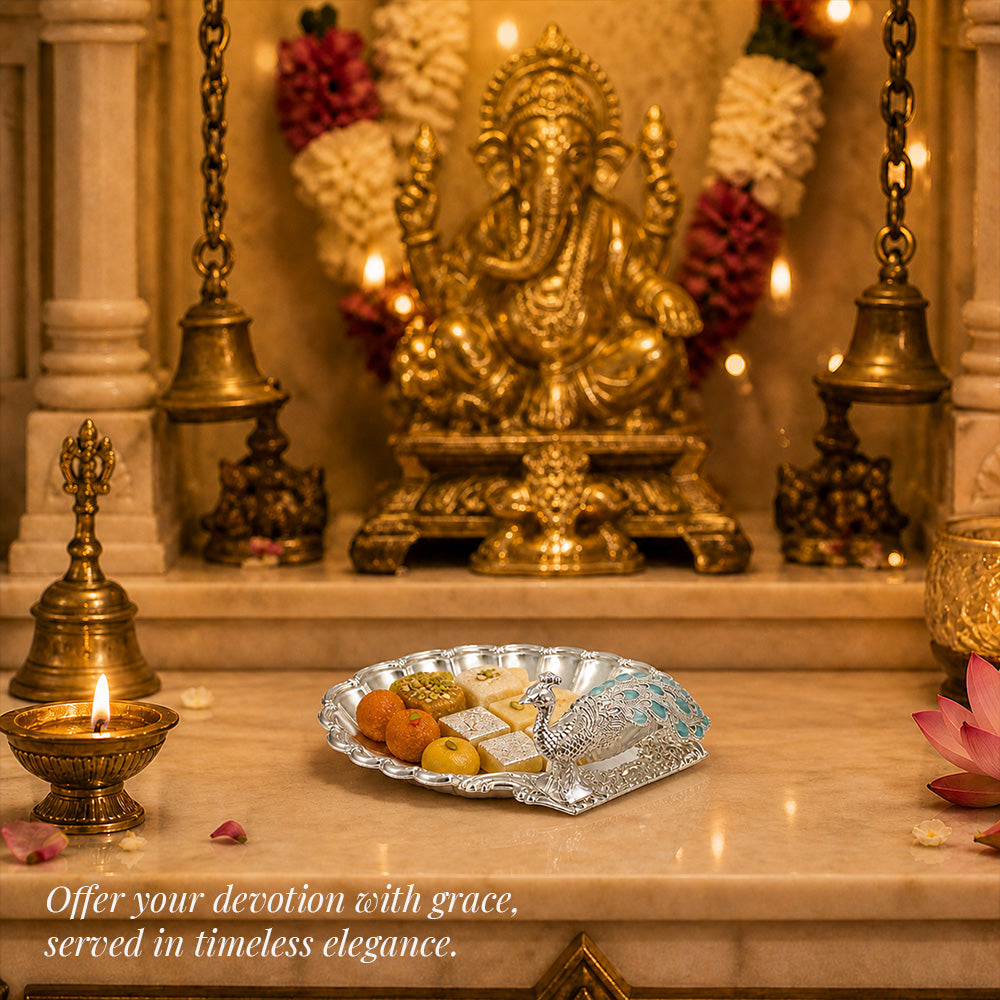 Diviniti Peacock German Silver Dry Fruit Bowl with Gift Box displayed in home temple