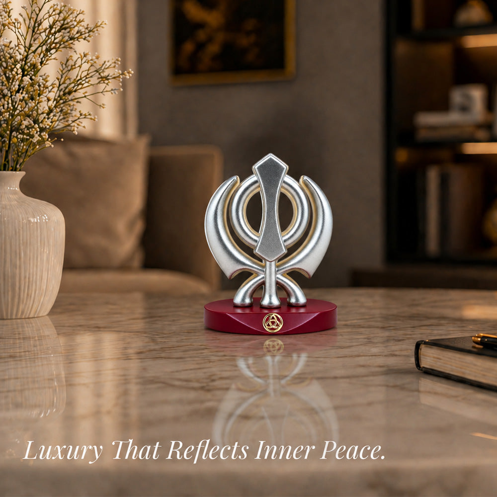 Silver-Plated Khanda Sahib Resin Idol for Car Dashboard & Home | Premium Gift Box | 7.5x5.5 CM