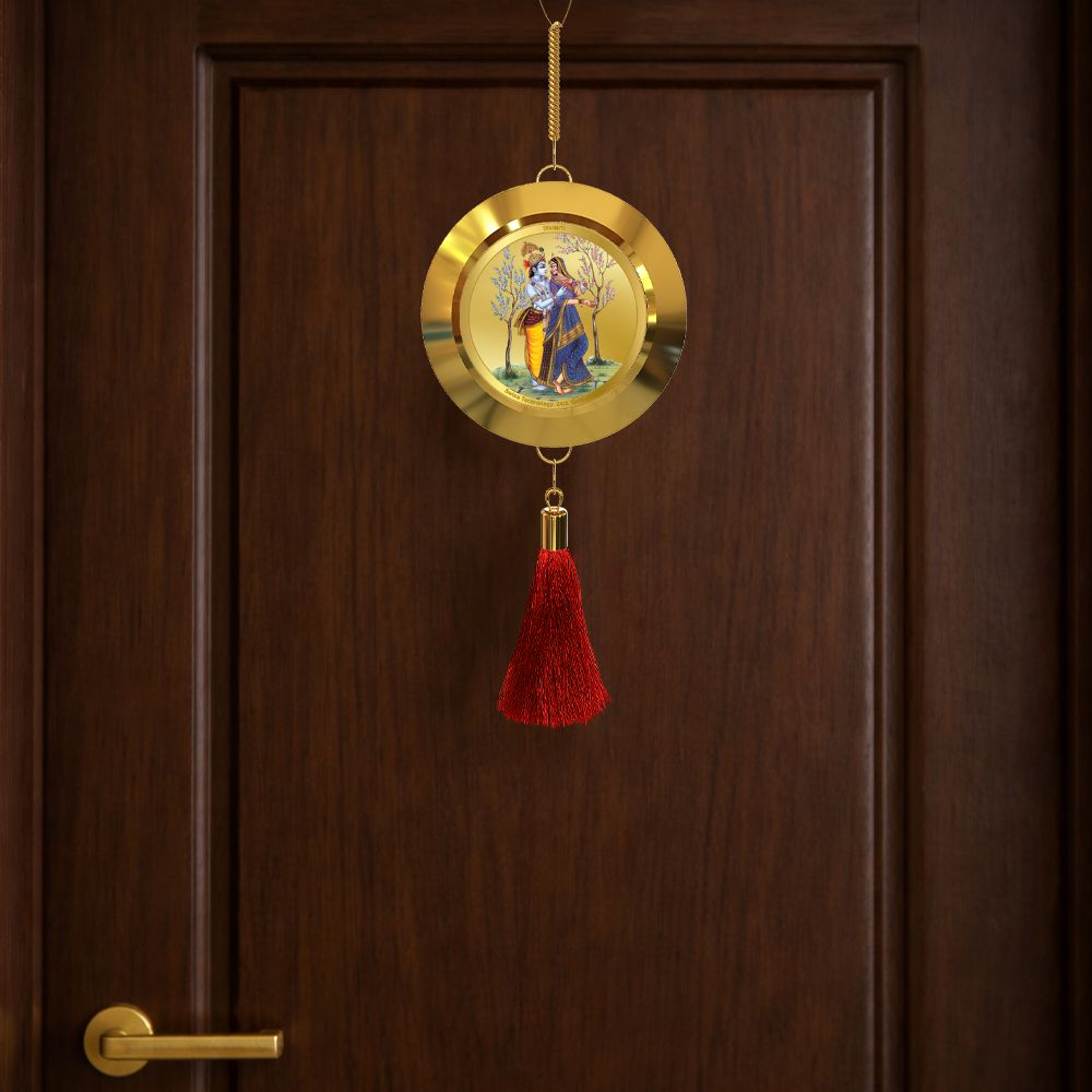 Diviniti 24K Gold Plated Double-Sided Radha Krishna & Bal Gopal Car Dangler (5.5 cm) | Divine Hanging Car Decor for Protection, Positive Energy & Spiritual Blessings