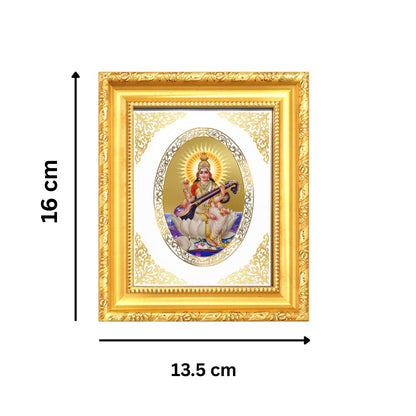 Goddess Saraswati Mata Divine Knowledge & Wisdom Sacred Royal Tabletop Frame in 24K Gold Plated Foil