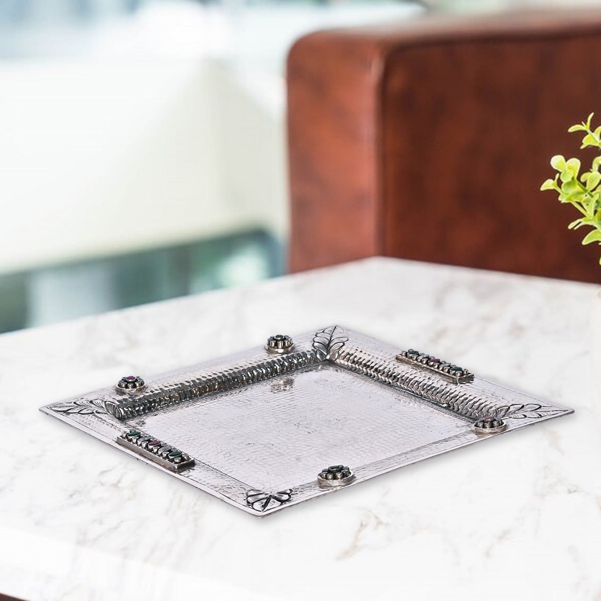 Pure Silver Serving Plate Vintage Dining Elegance, Handcrafted Tableware, Classic Silver Art (20x20 cm, 327g)