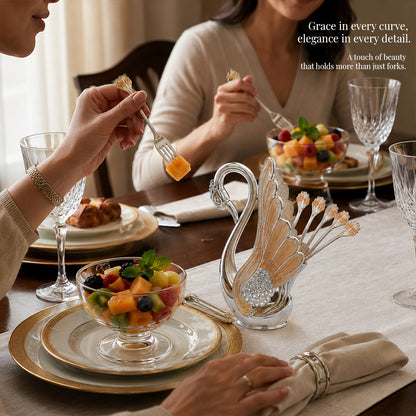 Diviniti Premium Silver-Plated Swan Cutlery Holder | Elegant Peach Spoon & Fork Stand for Table Décor