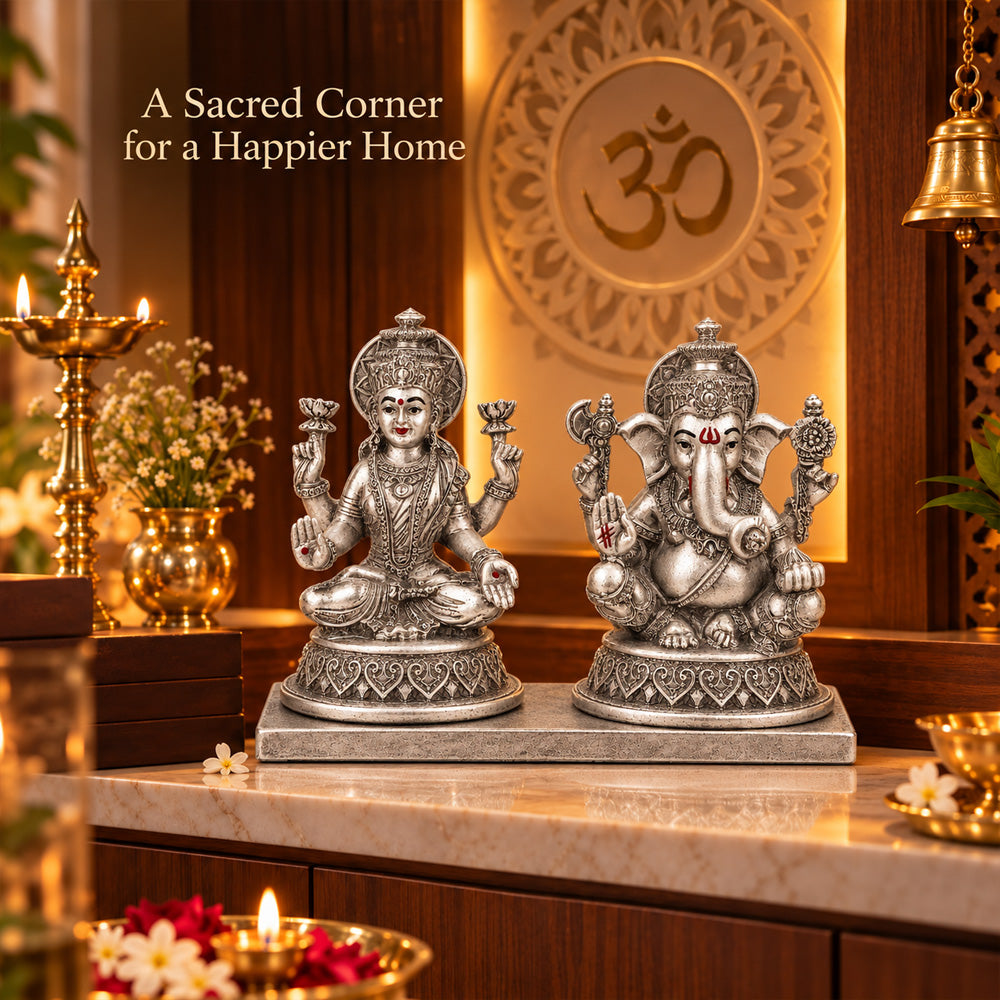 999 Silver-Plated Antique Laxmi Ganesha Idol | Premium Gift Box | 10x13 CM