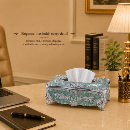 Diviniti Silver-Plated Tissue Holder | Green Enamel Ornate Tissue Box for Luxury Home Décor